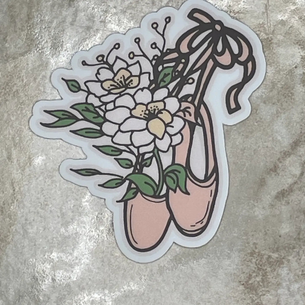 Stickers- Pink Pointe Shoe w/ Flowers Dance Vinyl Sticker